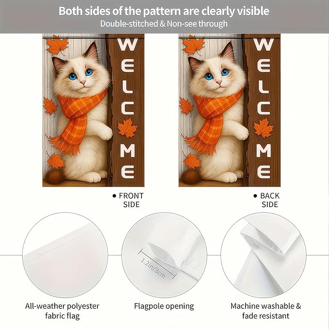 Thanksgiving Fall Garden Flag 12x18 Inch Welcome Blue Eyed Cat Outdoor Flag Double Sided Autumn Kitten Yard Banner with Orange Scarf Pet Decor for Porch Lawn Patio