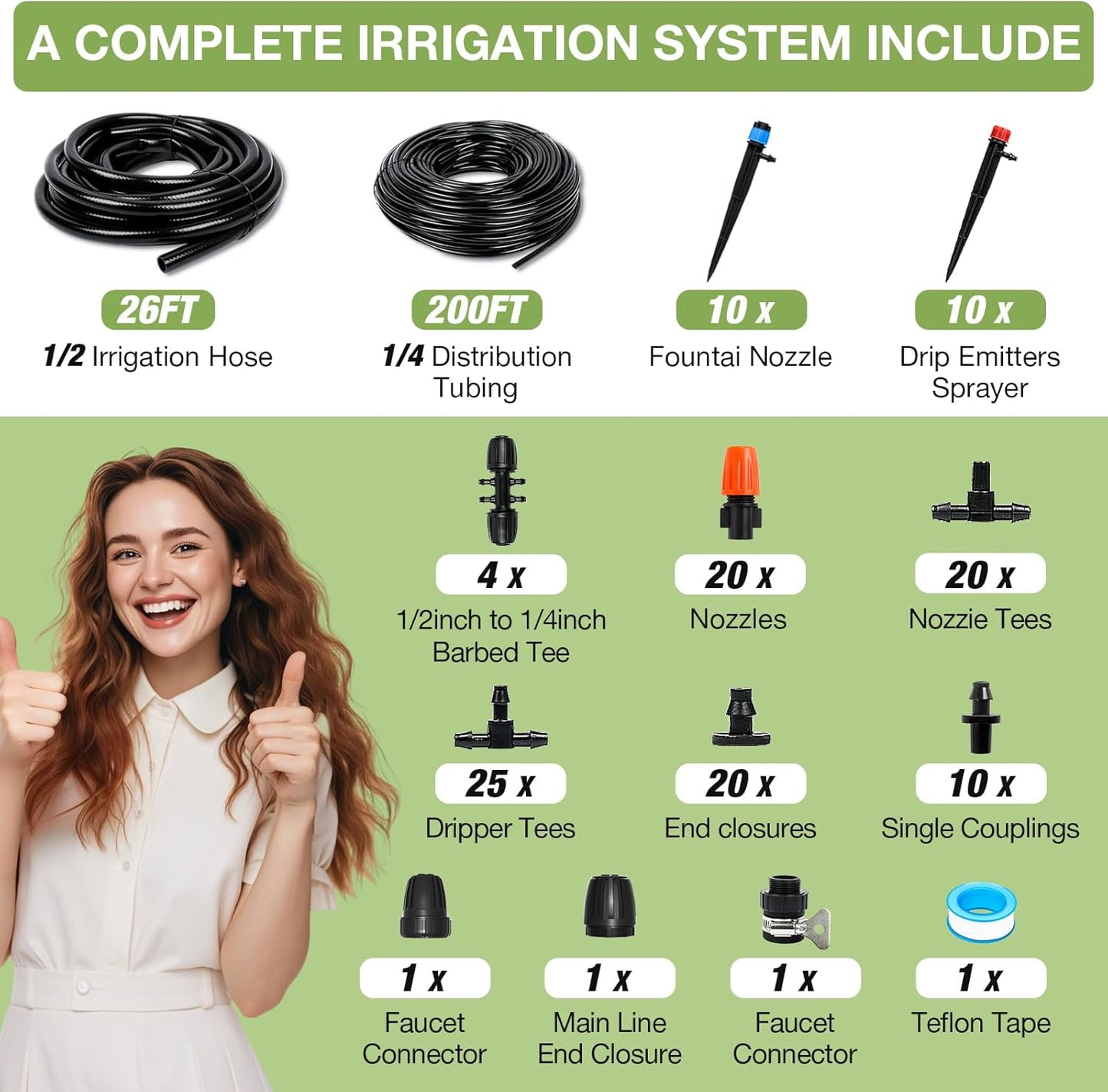 MIXC 226FT Greenhouse Micro Drip Irrigation Kit, Automatic Patio Plant Watering System with 1/4" & 1/2" Tubing, Adjustable Nozzles, Emitters, & Barbed Fittings for Efficient Irrigation