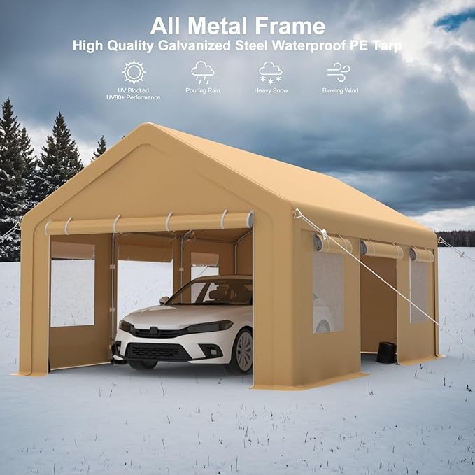 10x20FT Portable Garage, 10'x20' Carport Heavy Duty, Galvanized Frame & 180 g PE Waterproof Canopy, with 4 Doors (Included 2 Side Doors), and 4 Windows, for Pickup Truck, and Boat