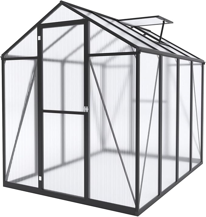 7.2FT High 6*8.2FT Greenhouse for Outdoors,Polycarbonate Greenhouse with Stronger Wind Protection and Roof Vent,Walk-in Large Aluminum Sunroom Winter Proof,Black