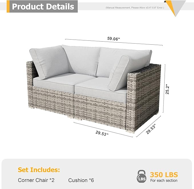 HOOOWOOO Patio Sectional Furniture Set,2 Piece Couch Set with 2 Matching Corner Chairs(Light Grey)