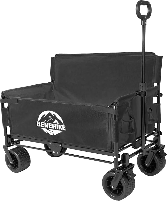3-in-1 Large Collapsible Folding Wagon, BENEHIKE Foldable Beach Wagon with Rotated Wheels, 500lbs/225L Outdoor Utility Wagon Convert to Bench for Sand, Groceries, Camping, Sports, Shopping (Black)