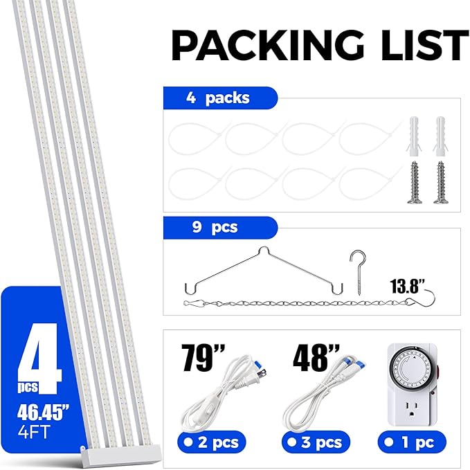 Barrina TX-L84 4FT LED Grow Light, 336W (4 x 84W), 4 Panel Wider Coverage, Full Spectrum, High PPFD, Mechanical Timer, Linkable, Hanging Light, Plant Stand with Grow Light for Indoor, Seeding, 4 Packs