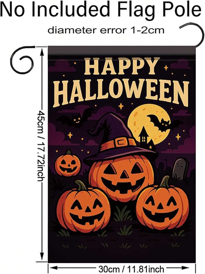 Happy Halloween Garden Flag Pumpkin Witch Hat Bats 12x18 Inch Double Sided Outdoor Yard Banner for Trick or Treat Haunted House Halloween Decoration Decor