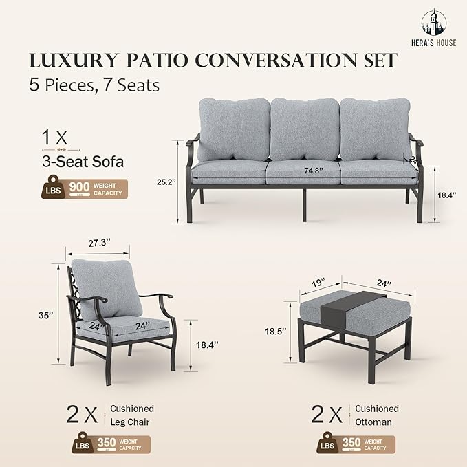 HERA'S HOUSE 5 Piece Patio Furniture Set, 2 x Cushioned Metal Chair, 2 x Ottoman, 1 x 3-Seat Sofa, All Cushioned 7 Seats Outdoor Conversation Set for Lawn Garden Backyard, Grey
