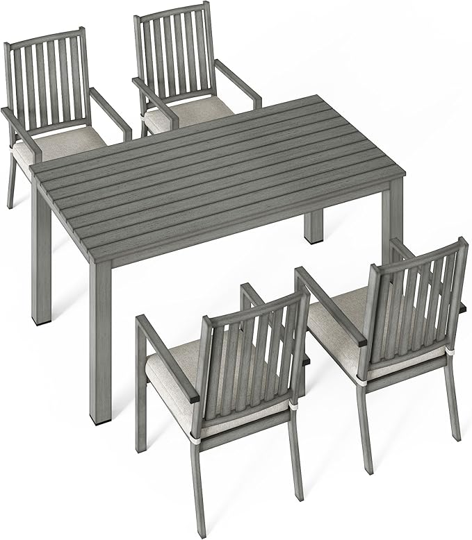 Wisteria Lane 5 Pieces Outdoor Dining Table Set, Aluminum Patio Table and Chairs Set, Outdoor Dining Table with 4 Chairs, Patio Dining Sets with Removable Cushion for Lawn, Garden, Backyard, Gray