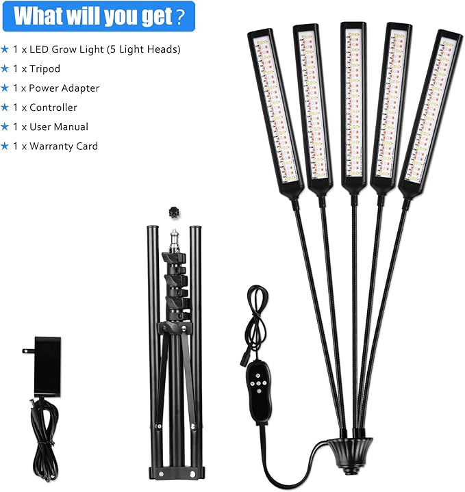 Grow Lights for Indoor Plants 5 Heads, Full Spectrum Plant Lights for Indoor Growing with Tripod Stand, Auto On/Off Timing 1-19H, LED Grow Lights for Indoor Plants. (5 Wide Heads)