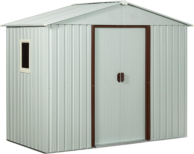 4x8 FT Outdoor Storage Shed, Metal Garden Shed with Frame Floor, Outside Tool Shed with Window, Waterproof Storage Building with Lockable Sliding Doors & Sloped Roof for Backyard, Patio, White