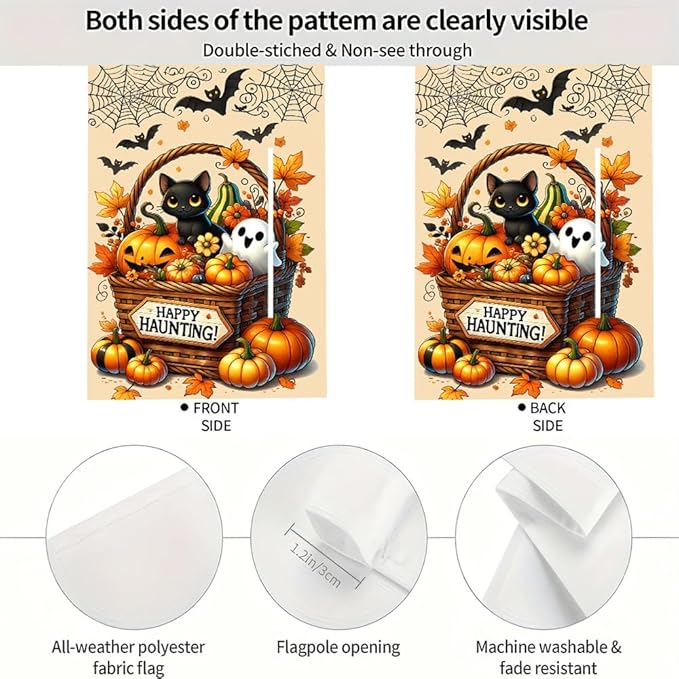 Spooky Halloween Cat Ghost Garden Flag 12x18 Inch Double Sided Yard Outdoor Decoration