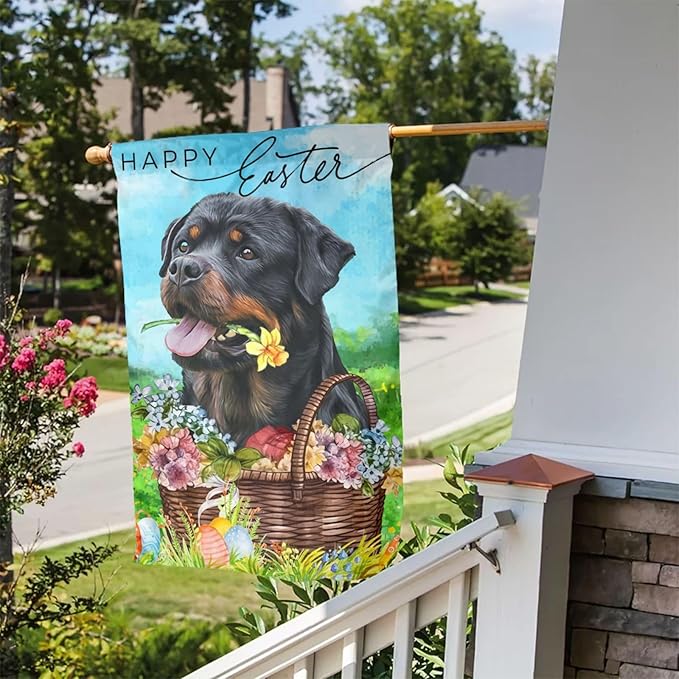 Happy Easter Rottweiler Dog Black Flower Eggs Garden Flag Welcome Party Outdoor Outside Decorations Picks Home House Garden Yard Decor 12x18 Inch