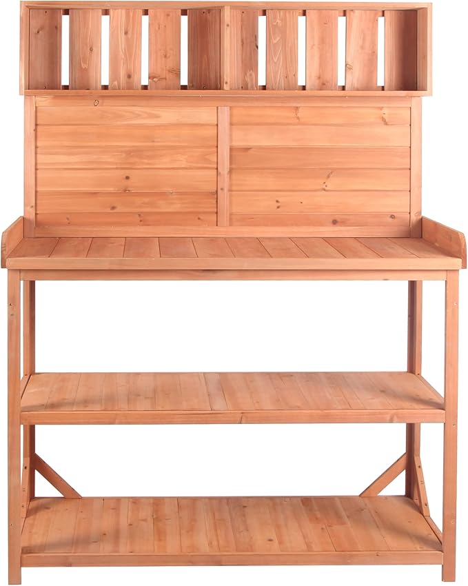 Merax 65" Large Wooden Farmhouse Rustic Outdoor Potting Bench Table with 4 Storage Shelves and Side Hook, Patio Workstation, for Garden, Backyard, Natural