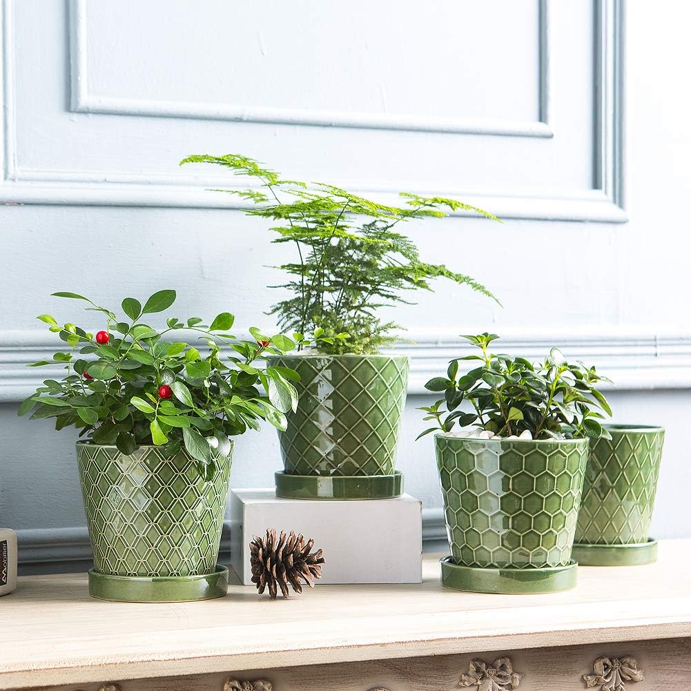 EFISPSS Flower Planter –5 inch Ceramic Plant Pots with Drainage Hole and Ceramic Tray - Gardening Home Desktop Office Windowsill Decoration Gift Set of 4 - Plants NOT Included