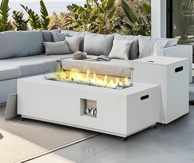 NICESOUL 42'' Outdoor Rectangle Fire Pit Table, Modern Low Profile Patio Firepits with Tank Table, 50,000 BTU Firepit Table for Outside, Exterior, Porch, Backyard or Garden, No Assembly, Grayish white