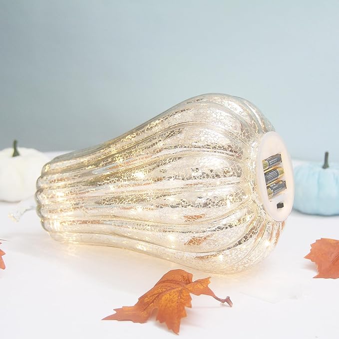 Mercury Glass Pumpkin Lights with Timer, Battery Operated Led Pumpkin Lights for Halloween Fall,Thanksgiving Rustic Decor (Silver Common, 11")