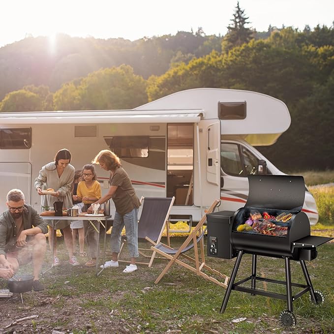 KingChii Electric Wood Pellet Grill & Smoker with Side Shelf, 456 SQ.IN Grill Capacity, with PID Temperature Control (180-425°F) for Backyard Camping Bake and Roast, Black with Cover