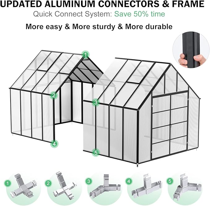 JULY'S SONG 10x16 FT Greenhouse for Outdoor, Large Easy Assembly Heavy Duty Polycarbonate Panels Aluminum Frame Walk-in Green House with 3 Windows Wider Door for Garden Plants Outside