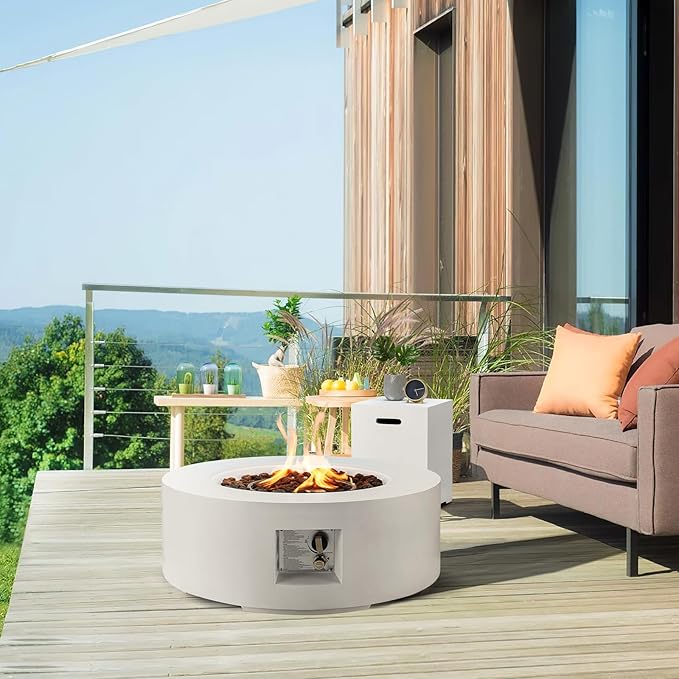 ECOTOUGE 2-Piece Gas Fire Pit, Outdoor Propane Firepit Table Set w/Tank Cover, 30''Auto-Ignition Round Steel Fire Table, 50,000 BTU Concrete fire Pit w/Weather-Resistant Pit Cover, Lava Rocks, White