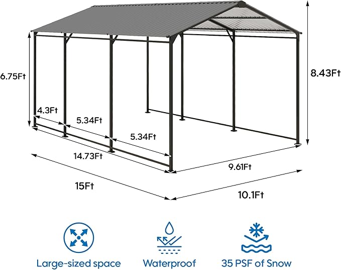 Metal Carport 10 ×15 FT Heavy Duty with Galvanized Steel Roof, Metal Garage Canopy with Galvanized Steel Roof & Frame, Car Tent Outdoor Storage Shed for Car, Boats and Truck, Gray