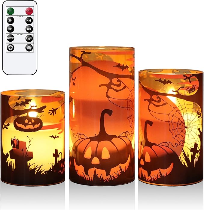 Eldnacele Halloween Flameless Candles with Remote Pumpkin, Spider Web Decal and Castle Decals Battery Operated Real Wax Flickering Glass Pillar Candle for Spooky Halloween Decor 3 Pack