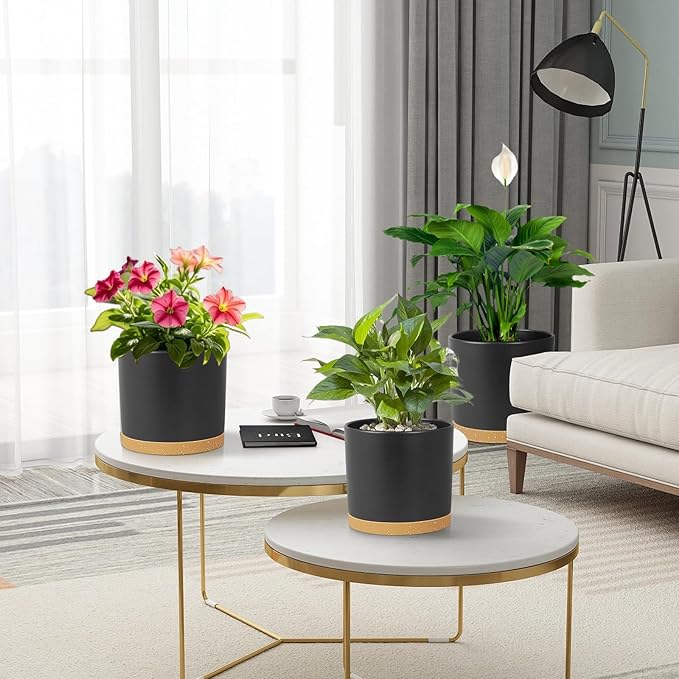 10/8/6 inch Large Deep Plant Pots for Outdoor Indoor Plants, 3 Pack Tall Cylinder Flower Pots with Drainage Holes and Saucers, Big Plastic Planter Pots for Garden House Porch, Black with Brown