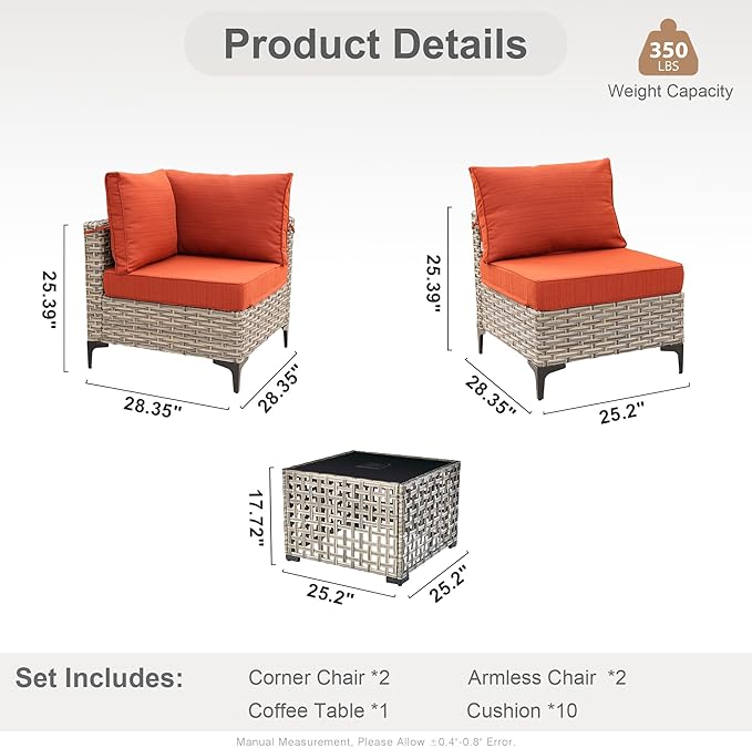 Outdoor Sectional Patio Furniture Set with Glowing Table,5 Pieces Wicker Conversation Sets L Shaped Couch Out Door Sofa Set Outside Furniture for Garden Deck Yard Porch,Orange Red