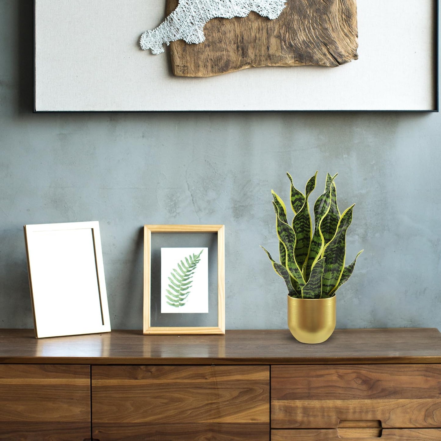 Hollyone Artificial Snake Plant Potted Faux Sansevieria Trifasciata Plants, 16.9" Tropical Mother in Law Tongue Fake Plants in Metal Gold Pots for Home Office Room Indoor Decor Housewarming Gifts