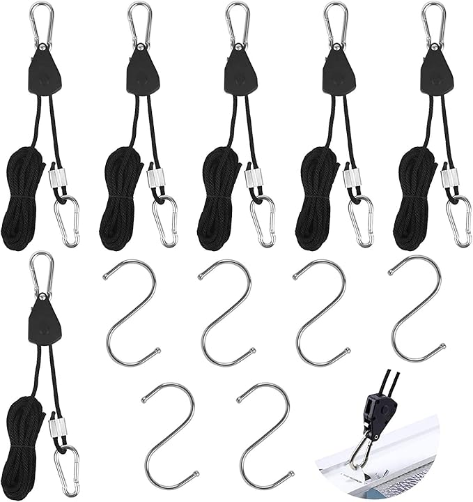 Grow Light Rope Hanger 3Pairs,1/8" 8-Feet Long Heavy Duty Adjustable Rope Clip Hanger, Adjustable Rope Ratchet Hangers 150 Lbs per Pair with Stainless Steel 2.5" S Hook
