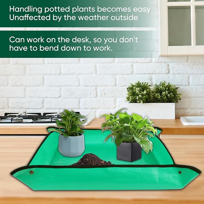 Repotting Mat for Indoor Plant Transplanting - 39.5 x 39.5 Planting Mat Soil Mess Control, Portable Succulent Planting Potting Tray Waterproof Gardening Tools (Pale Green)
