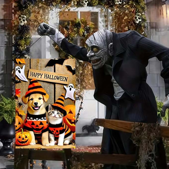 Happy Halloween Garden Flag Double Sided 12x18 Flag Cute Cat And Dog Pumpkin Garden Flag Sweaters And Witch Hats Jack-O'-Lanterns And Ghosts Outdoor Yard Lawn Decoration Banner