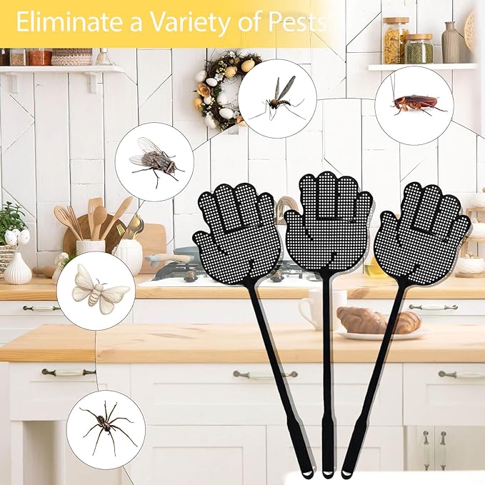 Fly Swatter Heavy Duty for Indoors – Hand-Shaped Flyswatter with Non-Slip Grip, Flexible 3-Pack Bug Swatters for Kitchen, Patio & Living Room