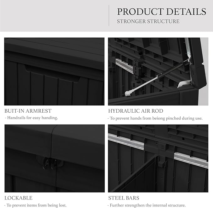 AJP Distributors 180 Gallon Outdoor Storage Box, Rain Waterproof Resin Deck Box, Lockable Large Storage Container for Patio Furniture, Cushions, Garden Tools, Sports Equipment and Pool Supplies Black