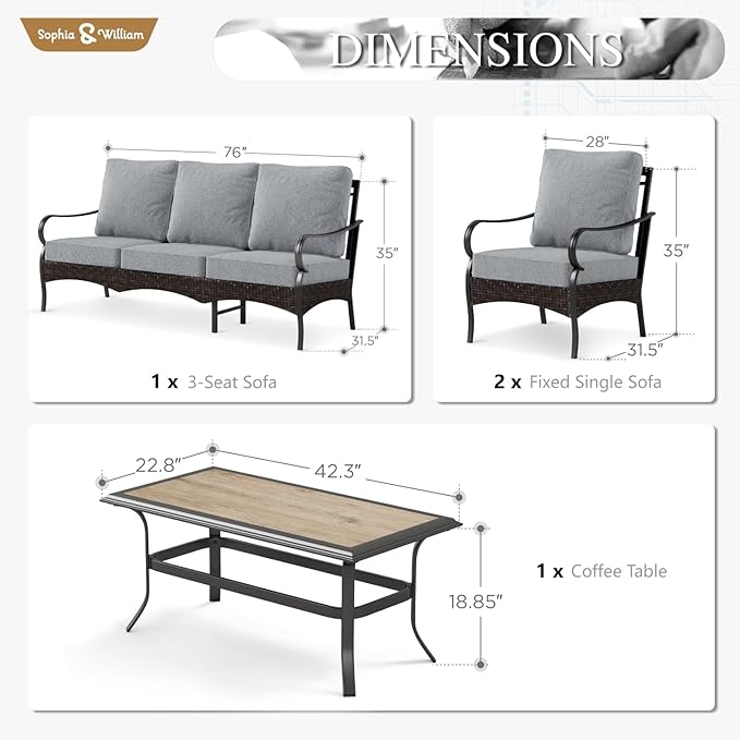 Sophia & William Patio Furniture Set, 4 Piece Metal Outdoor Conversation Set with 3-Seater Outdoor Couch, 2 Sofa Chairs, 1 Coffee Table for Outdoor Seating, Backyard, Porch(Grey)