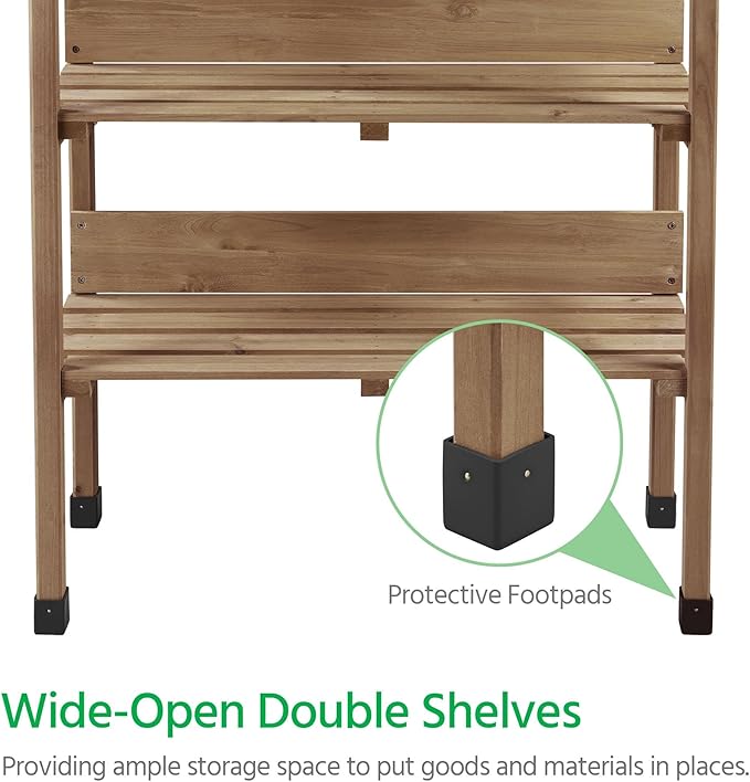 Yaheetech Outdoor Garden Potting Bench Table, Wooden Horticulture Planting Worstation w/Metal Tabletop/Storage Shelf/3 Hooks, Brown