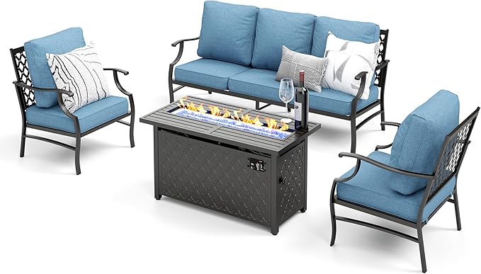 Patio Furniture Set, 4 Pcs Metal Outdoor Conversation Set, 2 Single Chairs and 3 Seater Sofa with 5.75" Extra Thick Cushion and Gas Fire Pit Table for Backyard Deck, Navy Blue