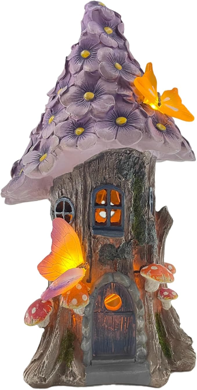 COWOS Mushroom House Statue, Garden Decor Outdoor Solar Statues, Solar Garden Statue Lights, Mushroom Fairy House Figurine, Memorial, Adorable Mushroom and Flowers, Garden Decor