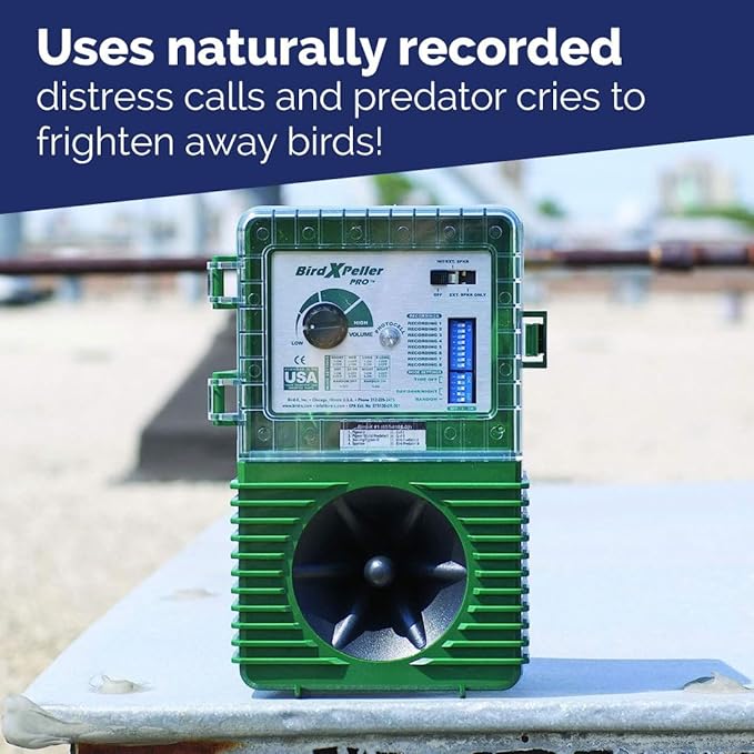 Bird-X Woodpecker PRO Electronic Bird Preventer, Sonic Decoy Device, Perfect for Woodpeckers and Sparrows, Covers up to 1 Acre, 3-5 kHz Frequency, 6" x 8.5" x 4"