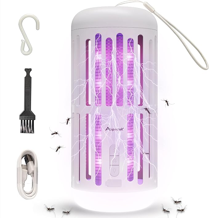ASPECTEK Portable Bug Zapper with Bluetooth Speaker – Rechargeable LED Mosquito Zapper and Ambient Light, Cordless Insect Device for Indoor/Outdoor Use, Patio, Camping, Garden – 3-in-1 Design