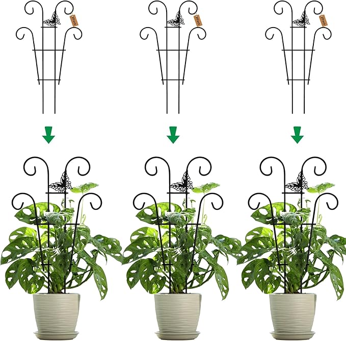 Indoor Plant Trellis for Climbing Plants, Stackable Garden Trellis for Potted Plants, Small House Plant Trellis for Vine Ivy Flower Plant Support Outdoor DIY Metal Trellis 3 Pack, Butterfly Design