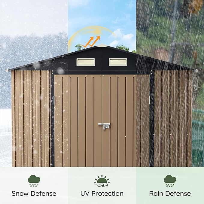 6x8FT Outdoor Metal Storage Shed, Double Door, 1 Clear Window, Tool Shed for Garden, Patio, Backyard Brown