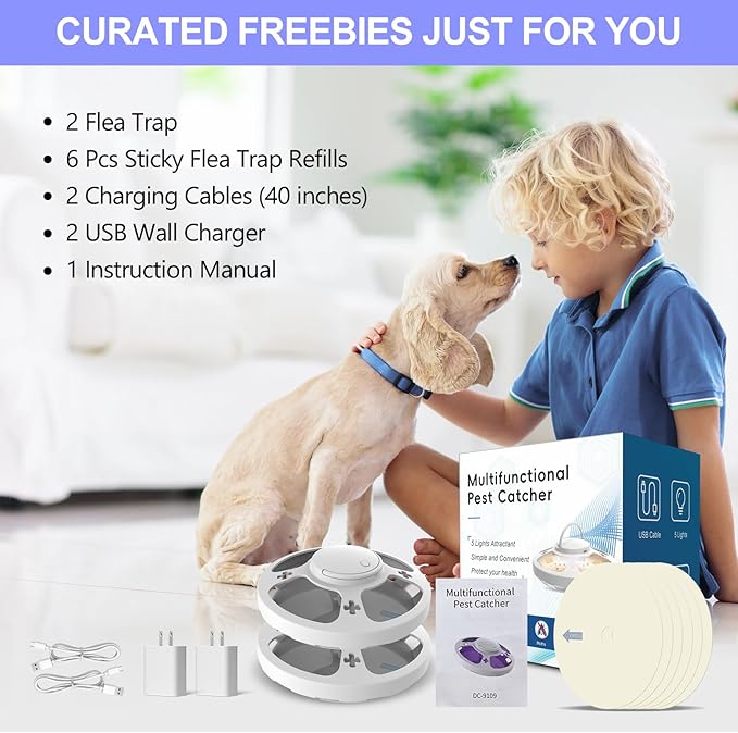 2 Packs Flea Traps for Inside Your Home with 6 Sticky Pads and USB Cable, Flea Light Traps for Home, Hanging Pest Control Device for Bugs Moths Gnats, Effective Indoor Outdoor