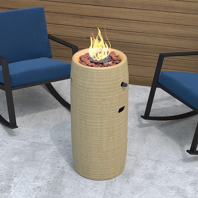 SUNBURY Outdoor Propane Fire Pit, Stone Like Fire Pit Table with Glass Wind Guard, Waterproof Cover, 15000BTUS Small Column Firepit Garden Lighting (Beige)
