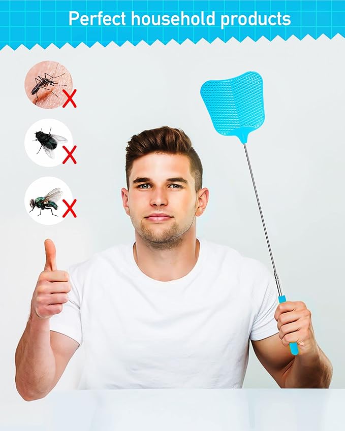 Wapodeai 2 Pack Fly Swatters Heavy Duty Set, Telescopic Fly Swatter, Stainless Steel Handle for Flyswatter (Blue)