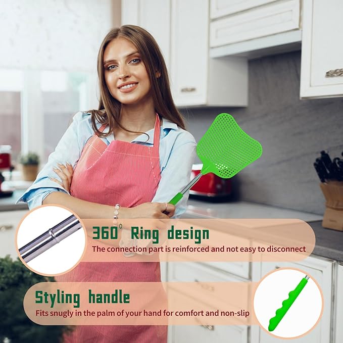 Fly Swatters 2 Pack Green, Durable Telescopic Stainless Steel Handle, Heavy Duty Upgraded Plastic Fly Swatter Set for Indoor Outdoor Home Hiking Camping Garden