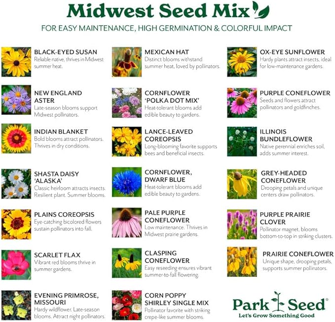 Park Seed Grow Your Own Vibrant Annual and Perennial Wildflower Garden Seeds Mixture, Easy to Grow Varieties for Pollinators and Spring Gardens - Midwest Regional Mix, 1 lb
