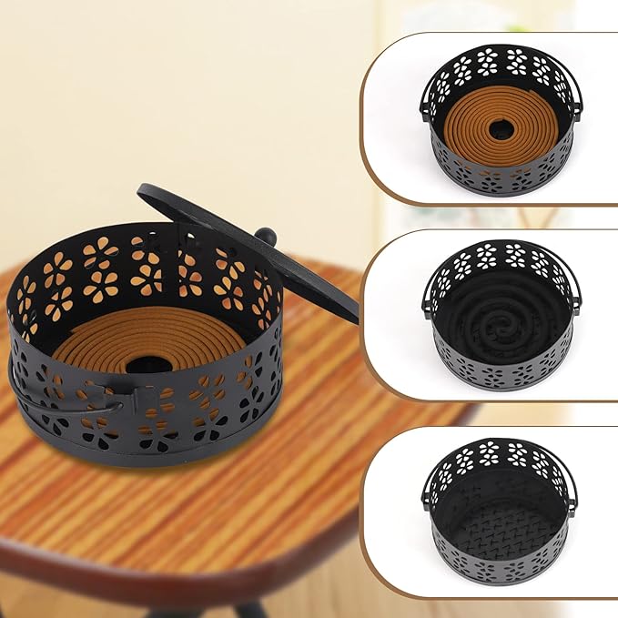 Portable Iron Mosquito Coil Holder with Handle Round Heat-Resistant Incense Holder for Home Office Camping (2Pack Black)