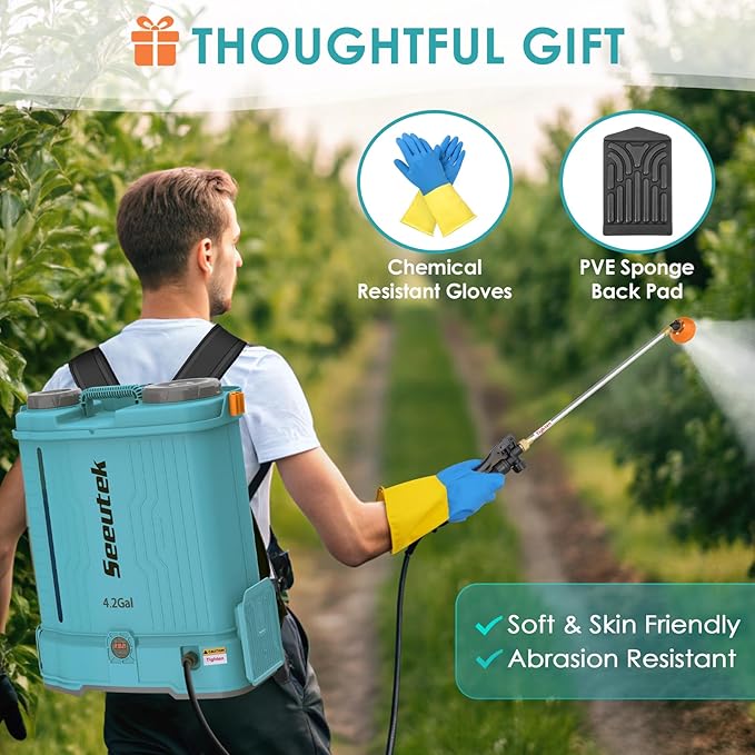 Seeutek Backpack Sprayer Battery Powered 4.2 Gallon, 0-100 PSI Electric Back Pack Sprayer with Mix Function, Weed Yard Sprayer with Telescopic Wand, 6 Nozzles, 21V 2.6Ah Battery & Charger Included