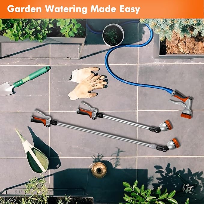 RESTMO Metal Watering Wand, 36”-60” Long Telescopic Tube | 180° Adjustable Ratcheting Head | 7 Spray Patterns | Flow Control, Perfect Garden Hose Sprayer to Water Hanging Baskets, Shrubs, Orange