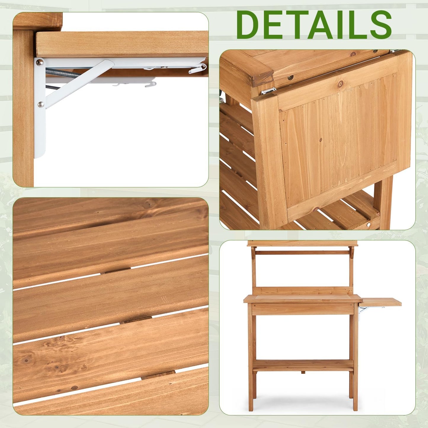 Outdoor Potting Bench Garden Work Station, Solid Wood Planting Table w/Sink Drawer Shelves,Metal Top, Folding Patio Furniture for Porch Balcony (45.3 x 17.9 x 51.2(Fir Wood Color))