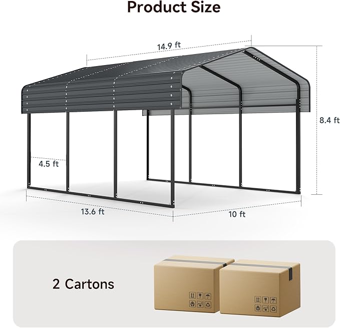10x15FT Heavy Duty Metal Carport Canopy with Galvanized Steel Roof, Multi-Use Shelter Outdoor Garage for Car, Boat, Party,Gray