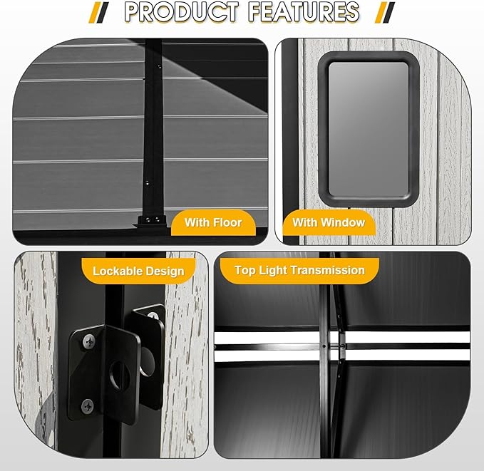 8 x 12 FT Resin Garden Storage Shed, All-Weather Plastic Outdoor Shed with Floor, Lockable Doors & Windows, Plastic Tool Shed for Poolside, Backyard, Patio